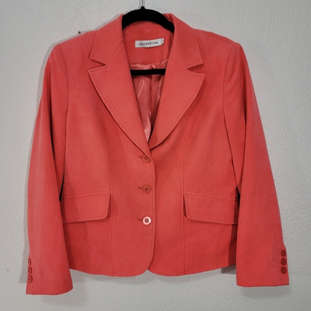 Laura Petite Blazer Size 6 Jacket Coral Three Button Double Breasted
